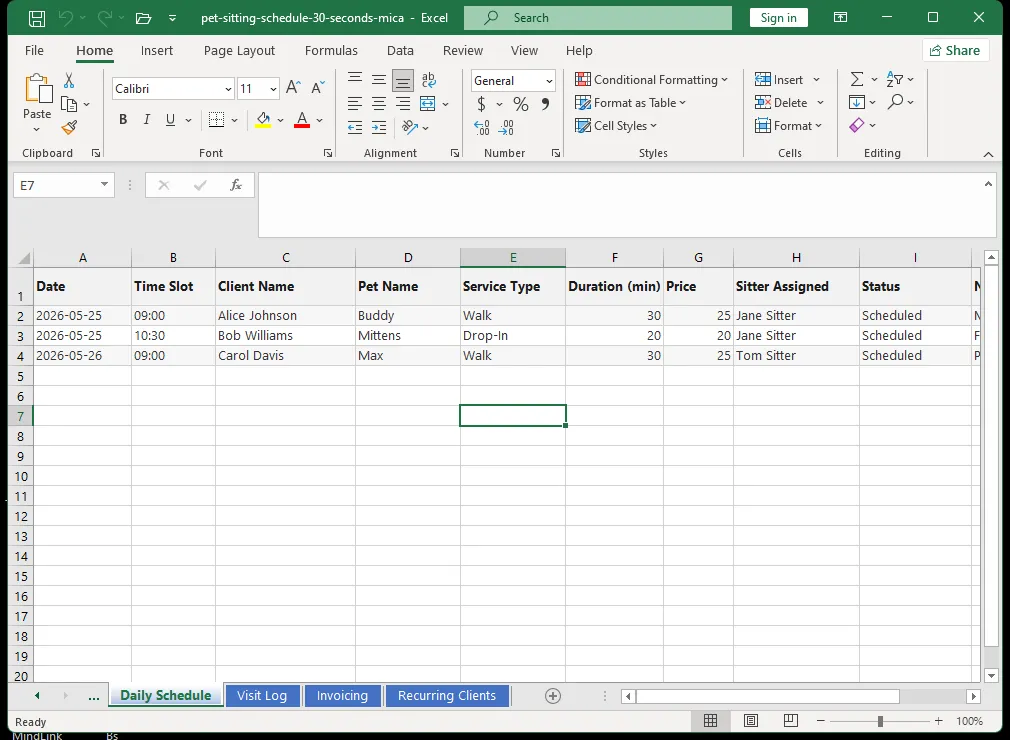 Dog walking daily route schedule in Excel with time slots, client addresses, and route optimization by neighborhood