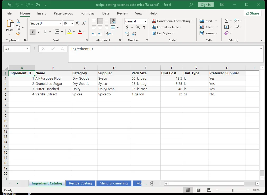 Cafe recipe cost breakdown sheet in Excel showing ingredient costs, portion sizes, yield percentages, and profit margin calculations