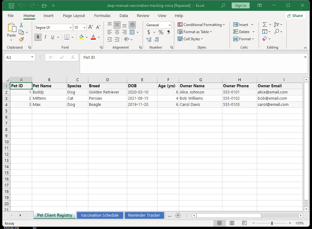 Pet vaccination schedule tracker in Excel showing vaccine types, due dates, overdue alerts, and owner contact information