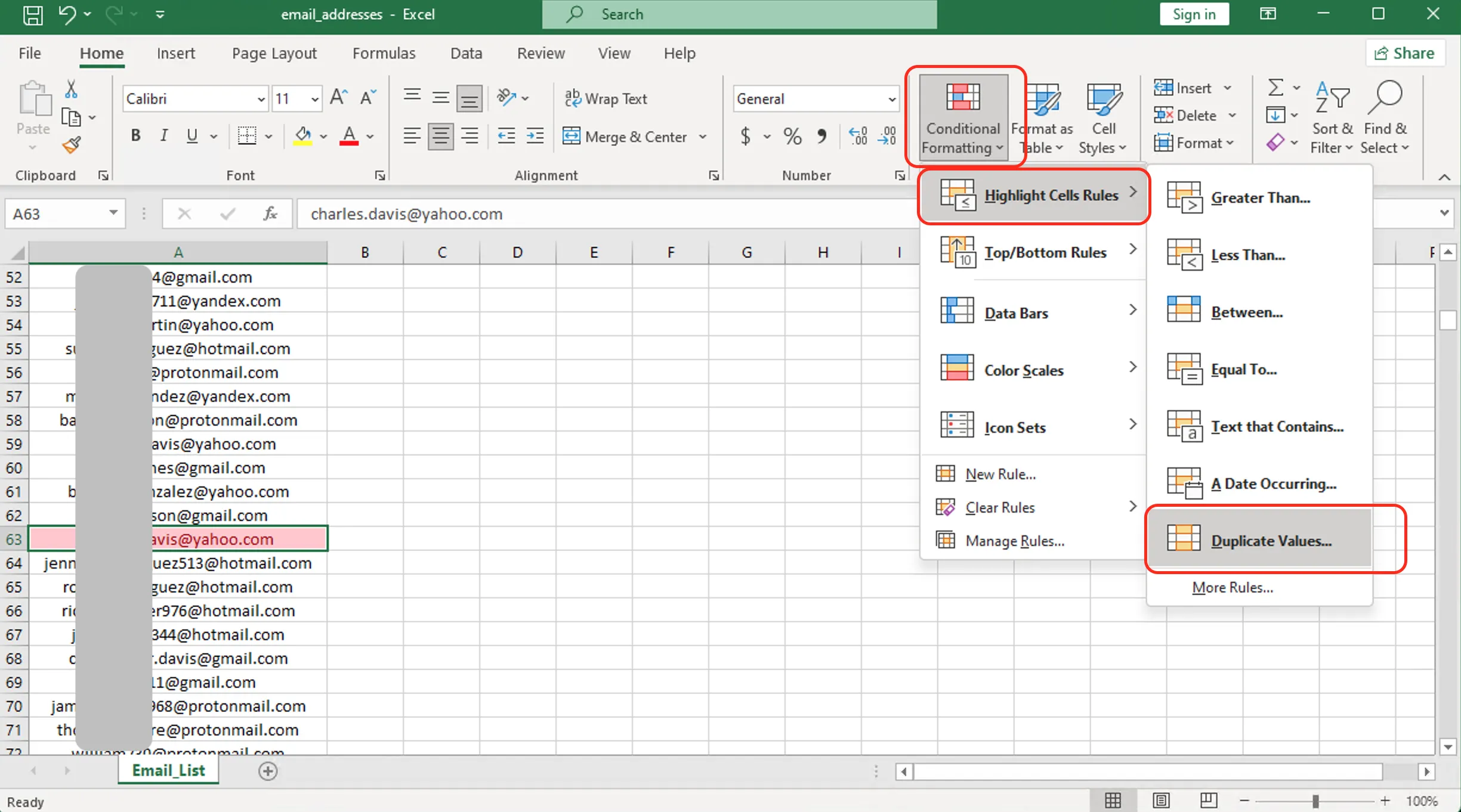 Excel conditional formatting highlighting duplicate values in a customer email list