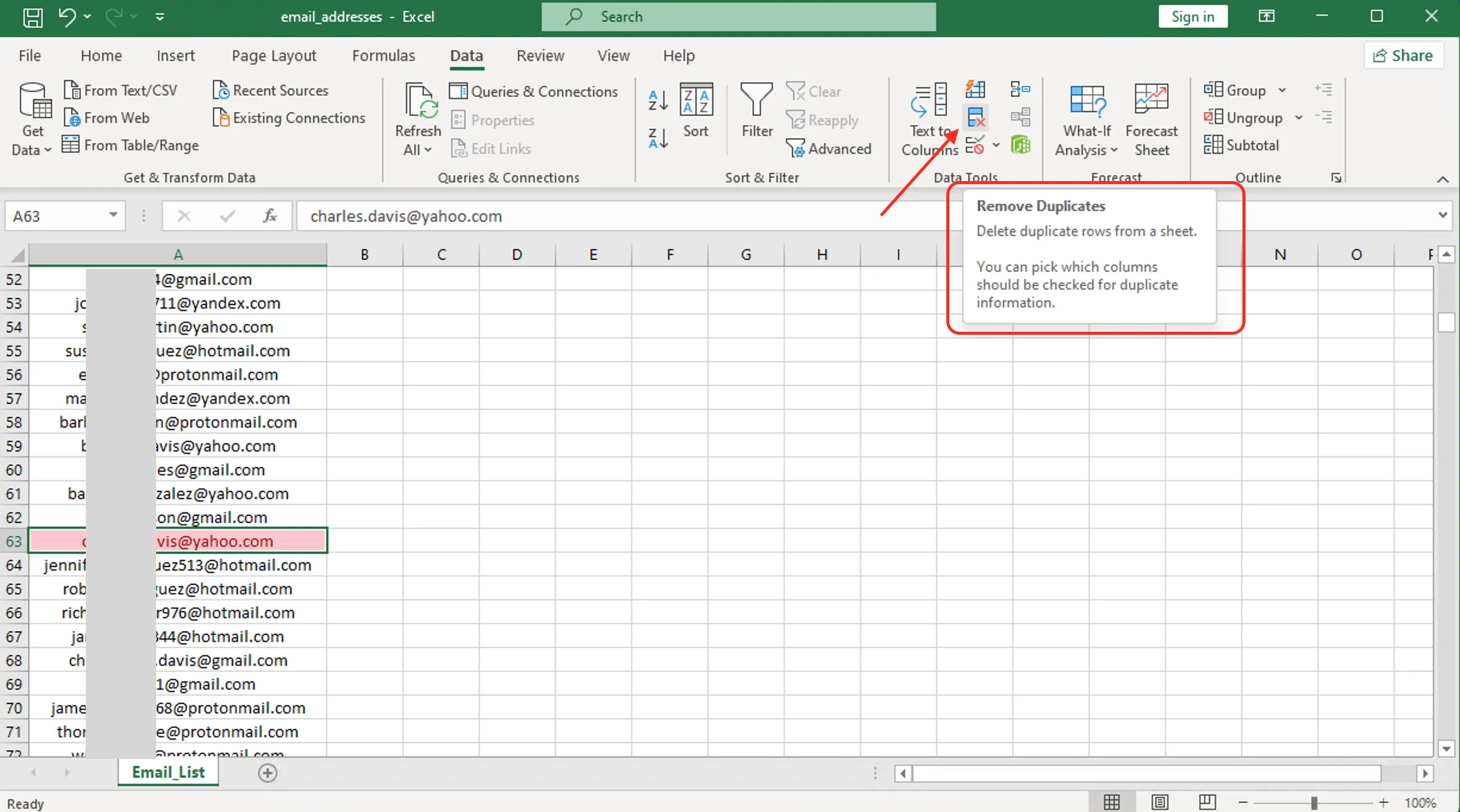Excel Remove Duplicates dialog showing column selection options