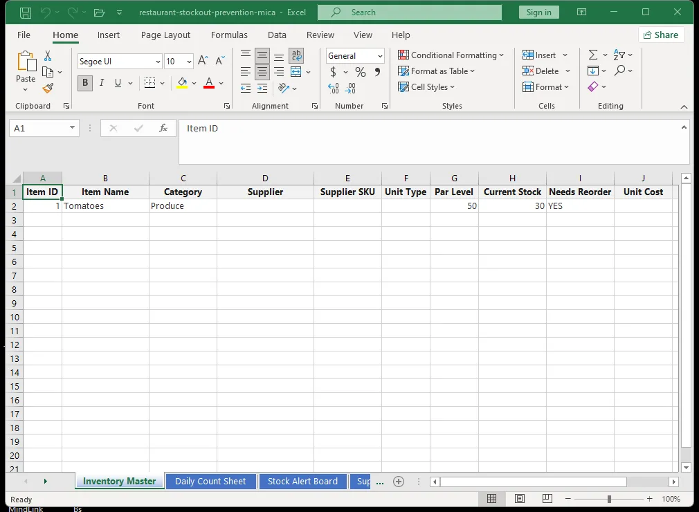 Restaurant kitchen inventory dashboard in Excel showing current stock levels, par levels, and reorder alerts for food ingredients