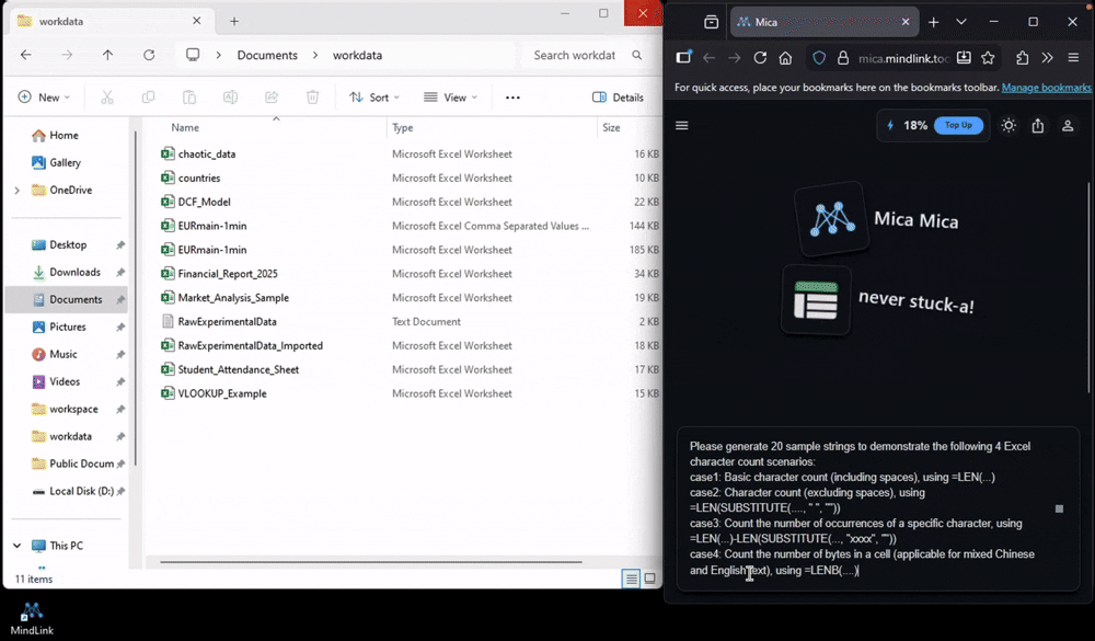 Excel character count formula automation with Mica AI