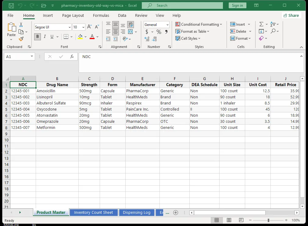 Side-by-side comparison of manual pharmacy inventory tracking versus Mica's automated system showing time savings across reconciliation, ordering, and expired drug management