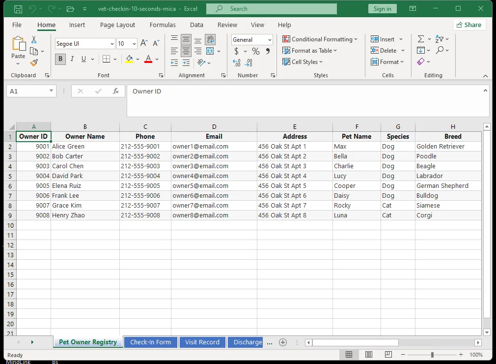 Veterinary patient intake form in Excel showing owner details, pet information, medical history, and vaccination status fields